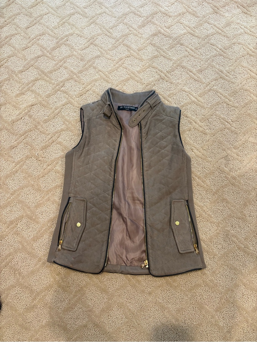 By Together Quilted Taupe Vest with Gold-Tone Hardware